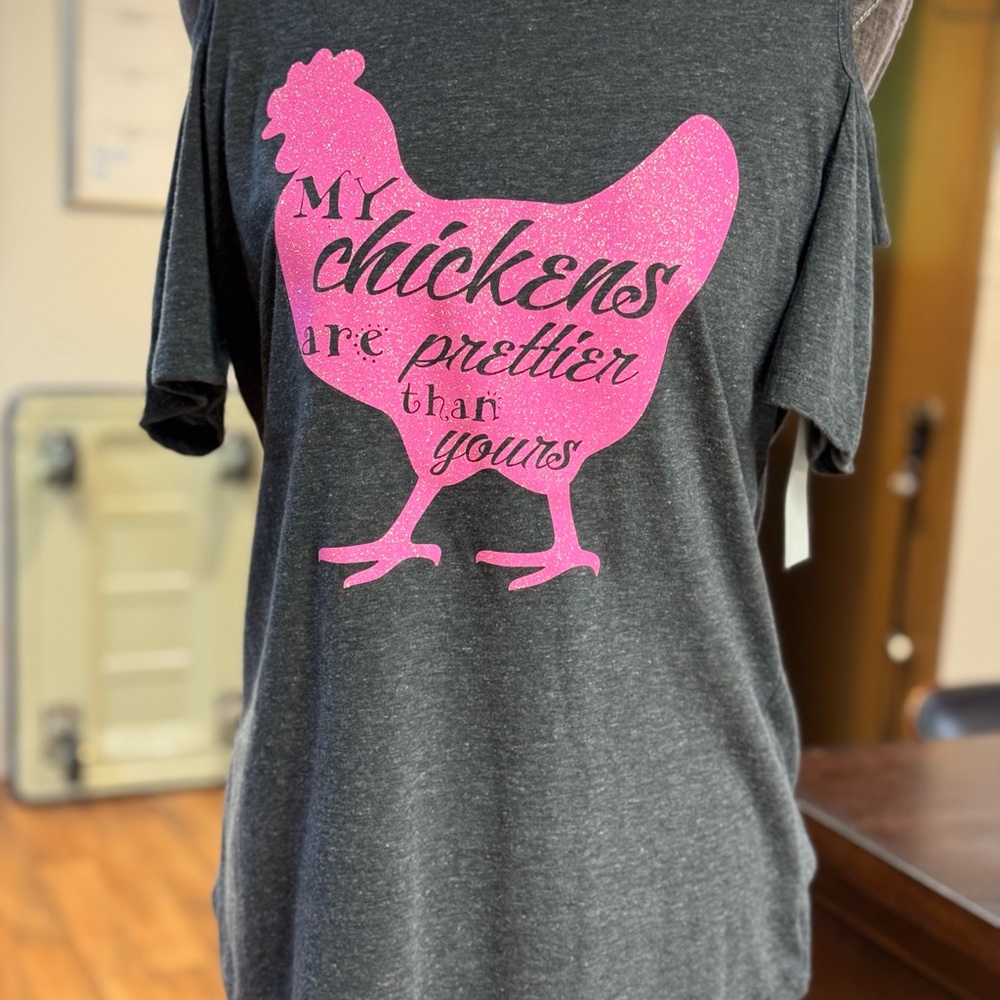 Boxercraft Gray Cold Shoulder Tee with Pink Glitter Chicken Graphic